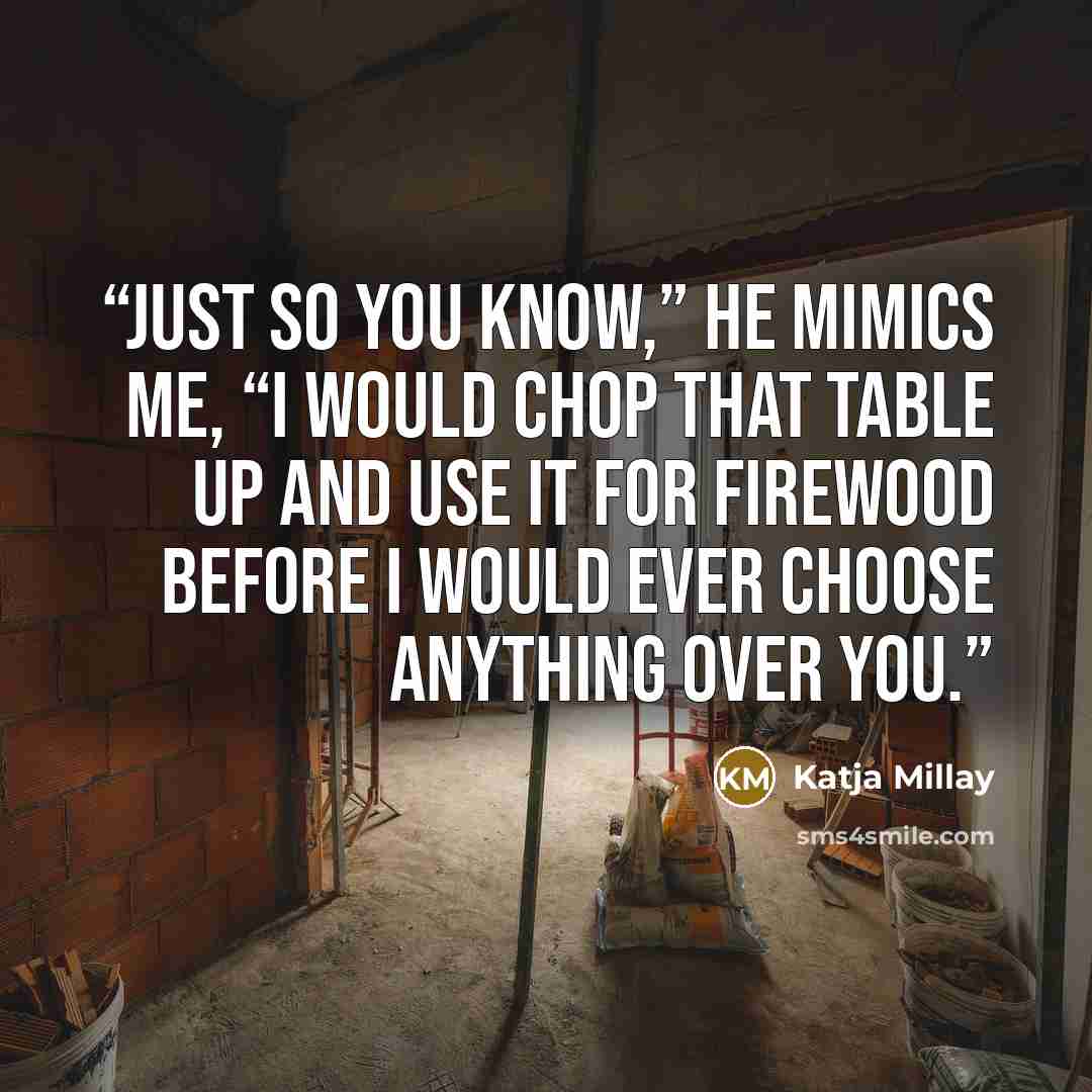 “Just so you know,” he mimics me, “I would chop that table up and use it for firewood before I would ever choose anything over you.” quote by Katja Millay
