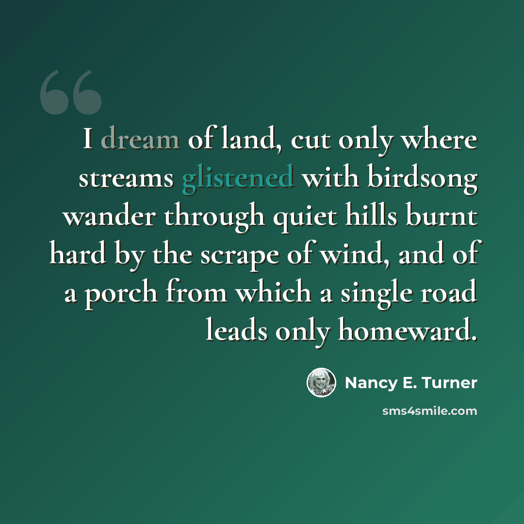 “I dream of land, cut only where streams glistened with birdsong wander through quiet hills burnt hard by the scrape of wind, and of a porch from which a single road leads only homeward.” quote by Nancy E. Turner