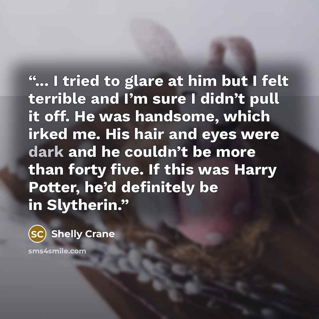 “... I tried to glare at him but I felt terrible and I’m sure I didn’t pull it off. He was handsome, which irked me. His hair and eyes were dark and he couldn’t be more than forty five. If this was Harry Potter, he’d definitely be in Slytherin.” quote by Shelly Crane
