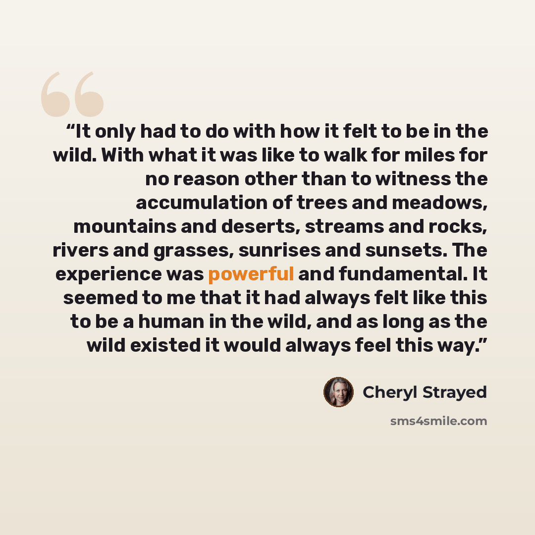 “It only had to do with how it felt to be in the wild. With what it was like to walk for miles for no reason other than to witness the accumulation of trees and meadows, mountains and deserts, streams and rocks, rivers and grasses, sunrises and sunsets. The experience was powerful and fundamental…” quote by Cheryl Strayed