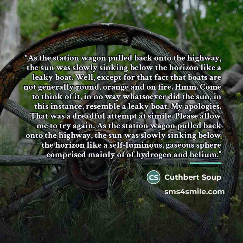“As the station wagon pulled back onto the highway, the sun was slowly sinking below the horizon like a leaky boat. Well, except for that fact that boats are not generally round, orange and on fire. Hmm. Come to think of it, in no way whatsoever did the sun, in this instance, resemble a leaky boat…” quote by Cuthbert Soup