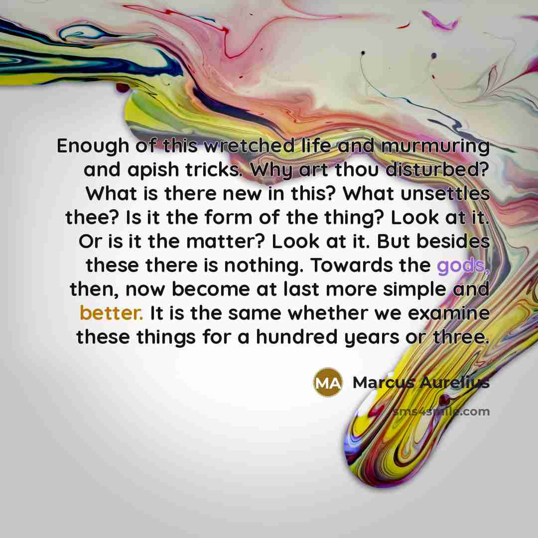 “Enough of this wretched life and murmuring and apish tricks. Why art thou disturbed? What is there new in this? What unsettles thee? Is it the form of the thing? Look at it. Or is it the matter? Look at it. But besides these there is nothing. Towards the gods, then, now become at last more simple…” quote by Marcus Aurelius
