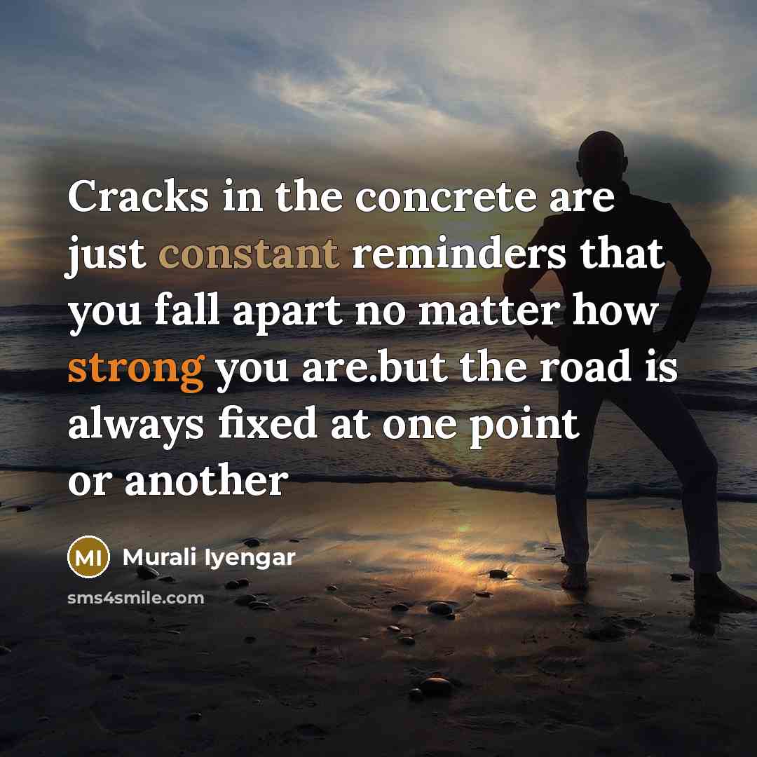 “Cracks in the concrete are just constant reminders that you fall apart no matter how strong you are.but the road is always fixed at one point or another” quote by Murali Iyengar