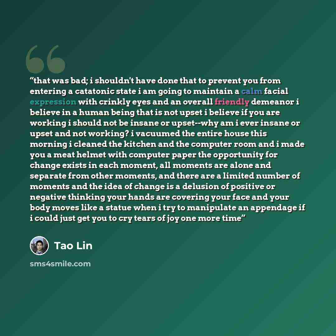 “that was bad; i shouldn't have done that to prevent you from entering a catatonic state i am going to maintain a calm facial expression with crinkly eyes and an overall friendly demeanor i believe in a human being that is not upset i believe if you are working i should not be insane or upset--why…” quote by Tao Lin