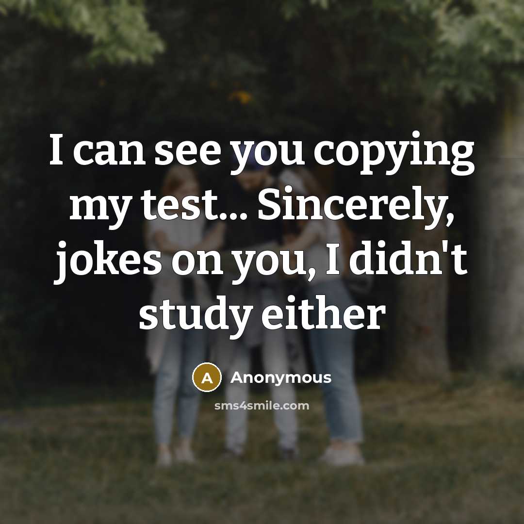 “I can see you copying my test... Sincerely, jokes on you, I didn't study either” quote by Anonymous