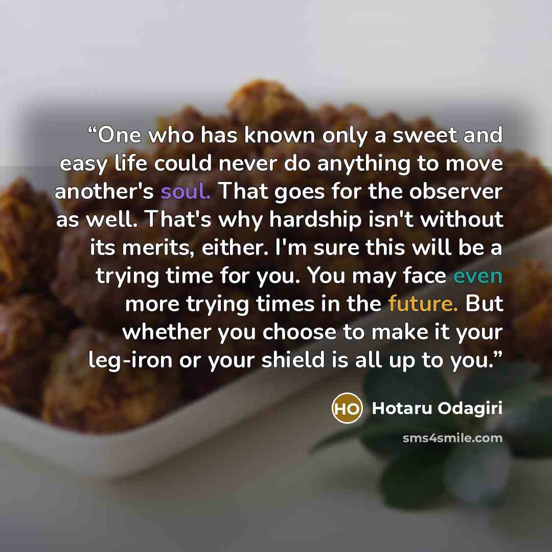 “One who has known only a sweet and easy life could never do anything to move another's soul. That goes for the observer as well. That's why hardship isn't without its merits, either. I'm sure this will be a trying time for you. You may face even more trying times in the future. But whether you…” quote by Hotaru Odagiri