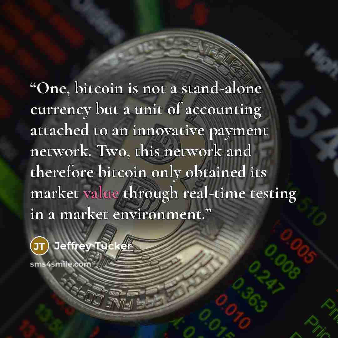 “One, bitcoin is not a stand-alone currency but a unit of accounting attached to an innovative payment network. Two, this network and therefore bitcoin only obtained its market value through real-time testing in a market environment.” quote by Jeffrey Tucker