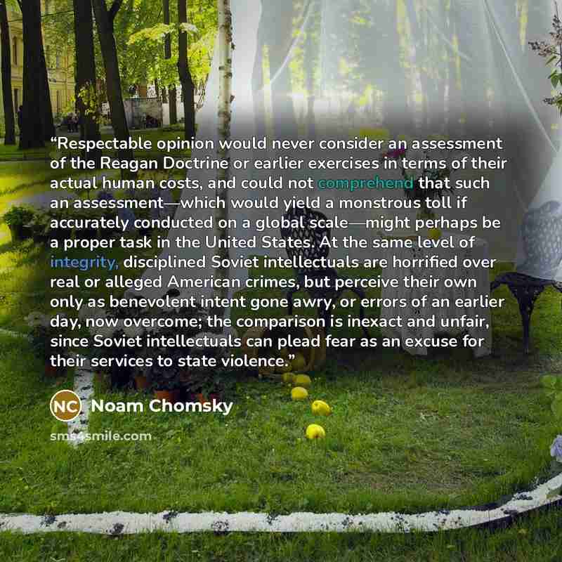 “Respectable opinion would never consider an assessment of the Reagan Doctrine or earlier exercises in terms of their actual human costs, and could not comprehend that such an assessment—which would yield a monstrous toll if accurately conducted on a global scale—might perhaps be a proper task in…” quote by Noam Chomsky