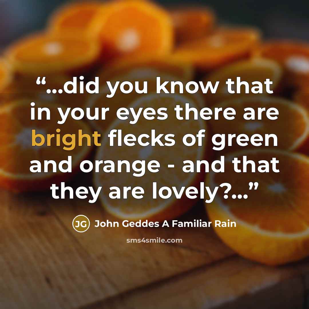 “...did you know that in your eyes there are bright flecks of green and orange - and that they are lovely?...” quote by John Geddes A Familiar Rain