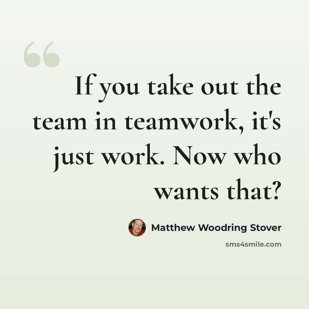 “If you take out the team in teamwork, it's just work. Now who wants that?” quote by Matthew Woodring Stover