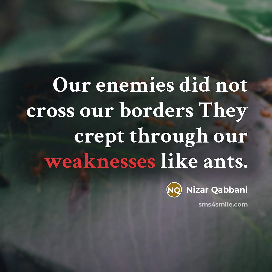 “Our enemies did not cross our borders They crept through our weaknesses like ants.” quote by Nizar Qabbani