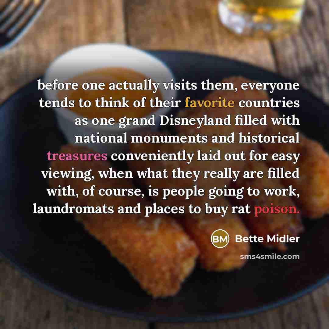 “before one actually visits them, everyone tends to think of their favorite countries as one grand Disneyland filled with national monuments and historical treasures conveniently laid out for easy viewing, when what they really are filled with, of course, is people going to work, laundromats and…” quote by Bette Midler