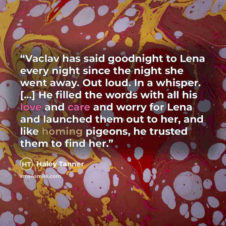 “Vaclav has said goodnight to Lena every night since the night she went away. Out loud. In a whisper. [...] He filled the words with all his love and care and worry for Lena and launched them out to her, and like homing pigeons, he trusted them to find her.” quote by Haley Tanner