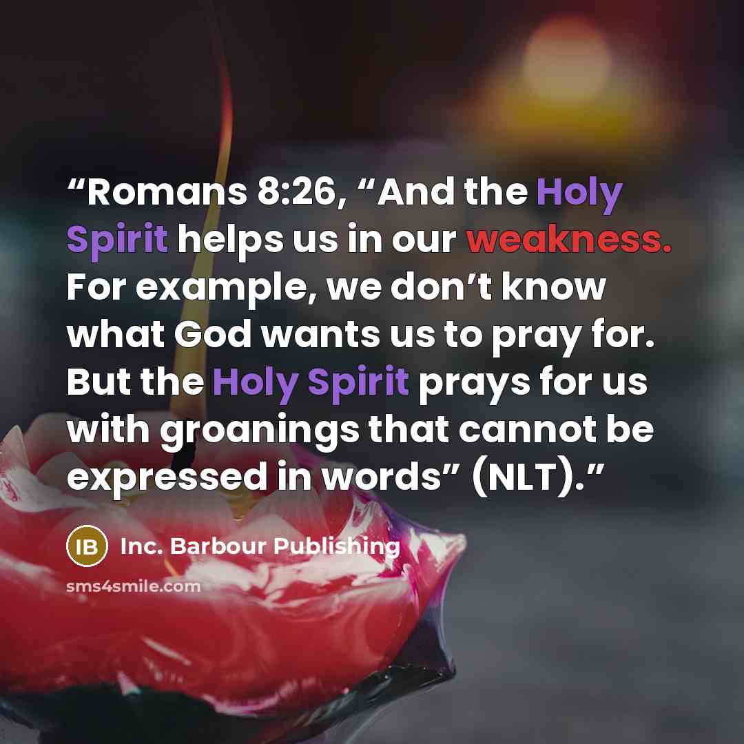 “Romans 8:26, “And the Holy Spirit helps us in our weakness. For example, we don’t know what God wants us to pray for. But the Holy Spirit prays for us with groanings that cannot be expressed in words” (NLT).” quote by Inc. Barbour Publishing