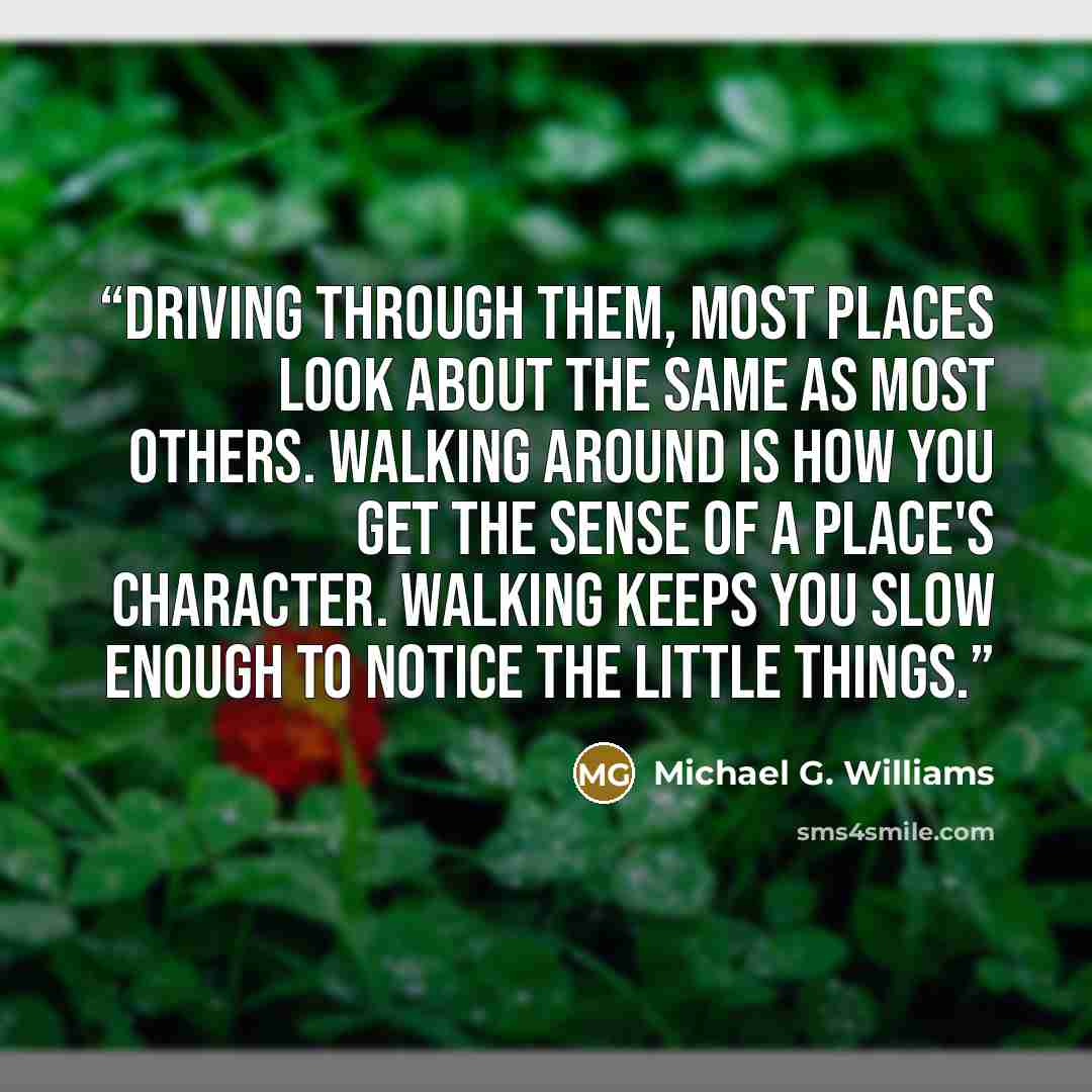 “Driving through them, most places look about the same as most others. Walking around is how you get the sense of a place's character. Walking keeps you slow enough to notice the little things.” quote by Michael G. Williams