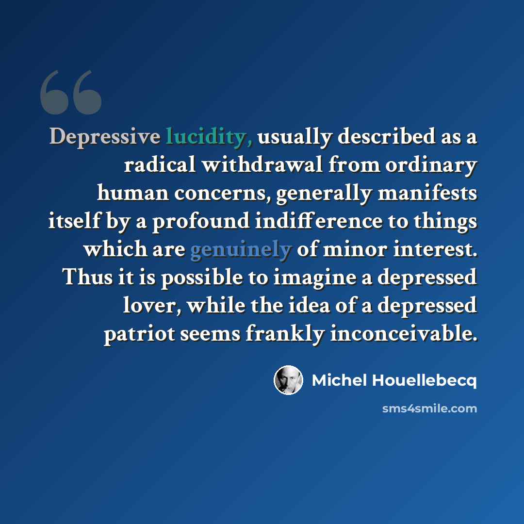 “Depressive lucidity, usually described as a radical withdrawal from ordinary human concerns, generally manifests itself by a profound indifference to things which are genuinely of minor interest. Thus it is possible to imagine a depressed lover, while the idea of a depressed patriot seems frankly…” quote by Michel Houellebecq