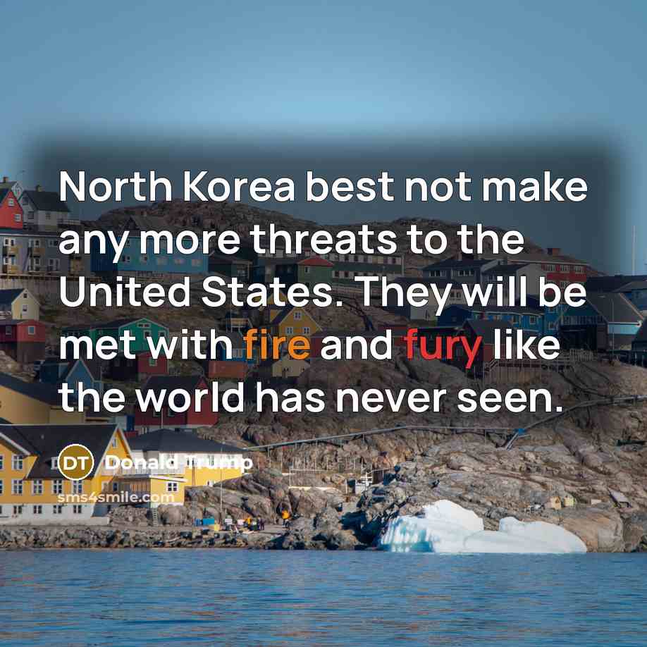 “North Korea best not make any more threats to the United States. They will be met with fire and fury like the world has never seen.” quote by Donald Trump