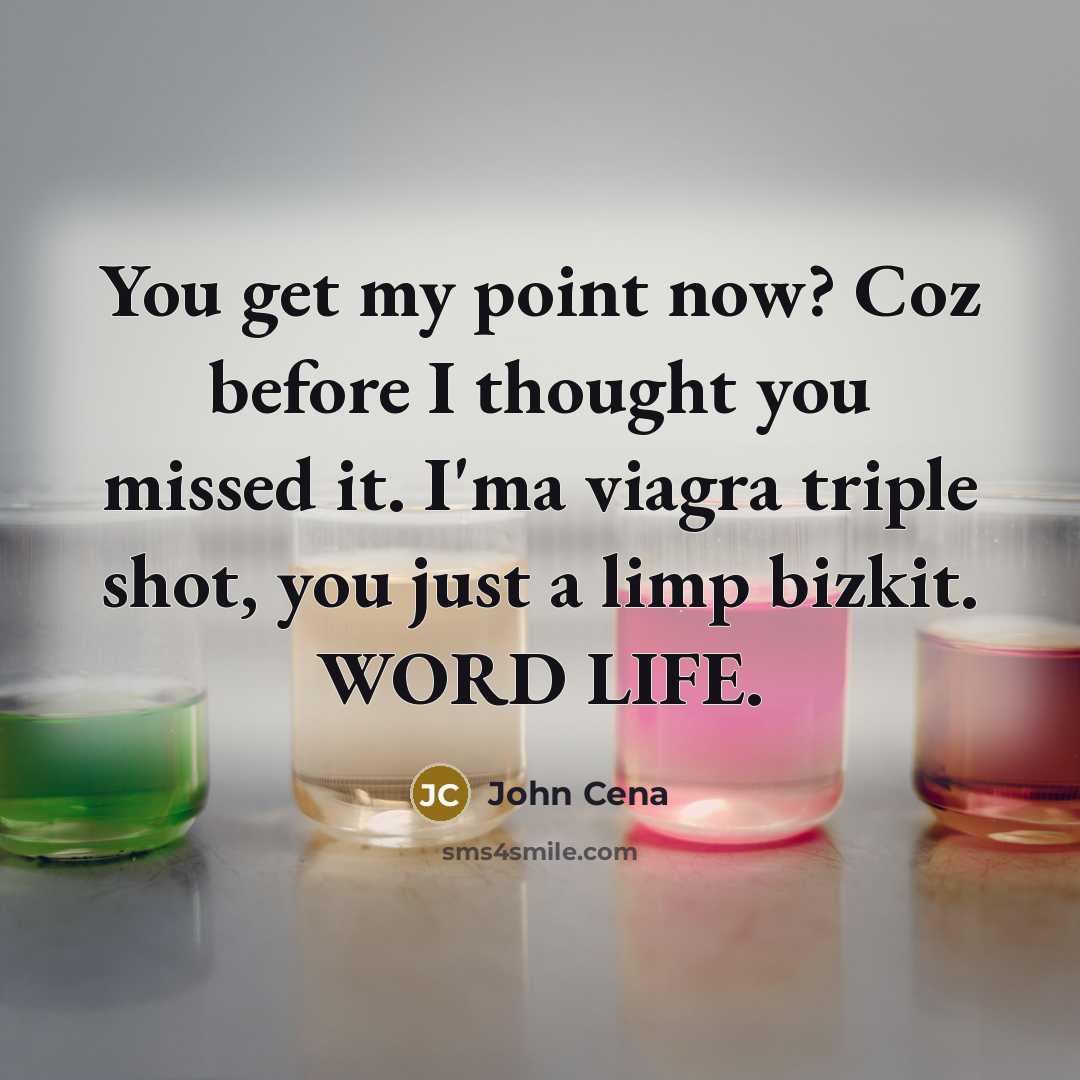 “You get my point now? Coz before I thought you missed it. I'ma viagra triple shot, you just a limp bizkit. WORD LIFE.” quote by John Cena