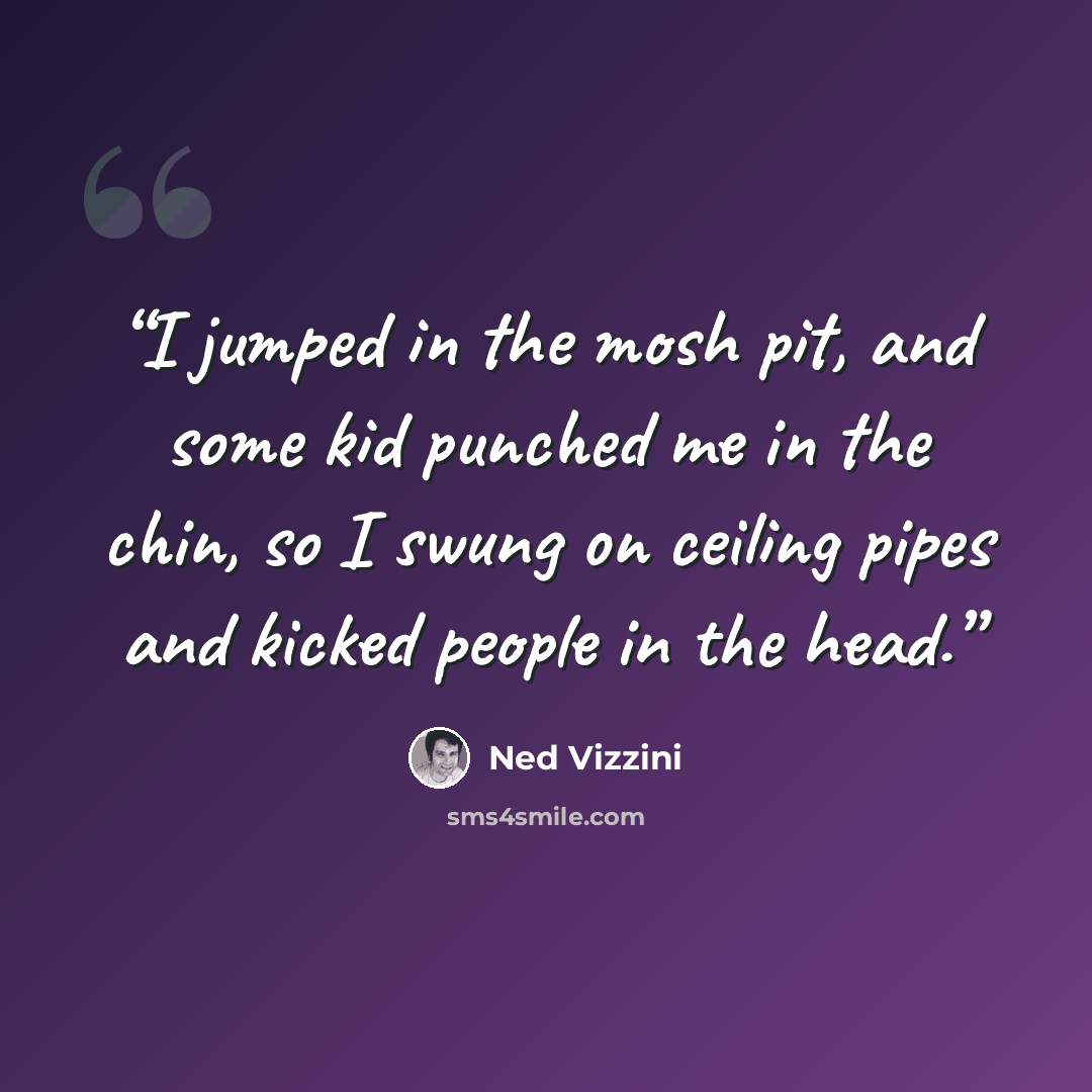 “I jumped in the mosh pit, and some kid punched me in the chin, so I swung on ceiling pipes and kicked people in the head.” quote by Ned Vizzini