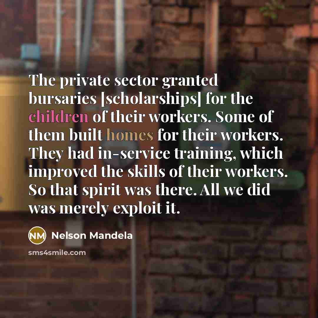 “The private sector granted bursaries [scholarships] for the children of their workers. Some of them built homes for their workers. They had in-service training, which improved the skills of their workers. So that spirit was there. All we did was merely exploit it.” quote by Nelson Mandela