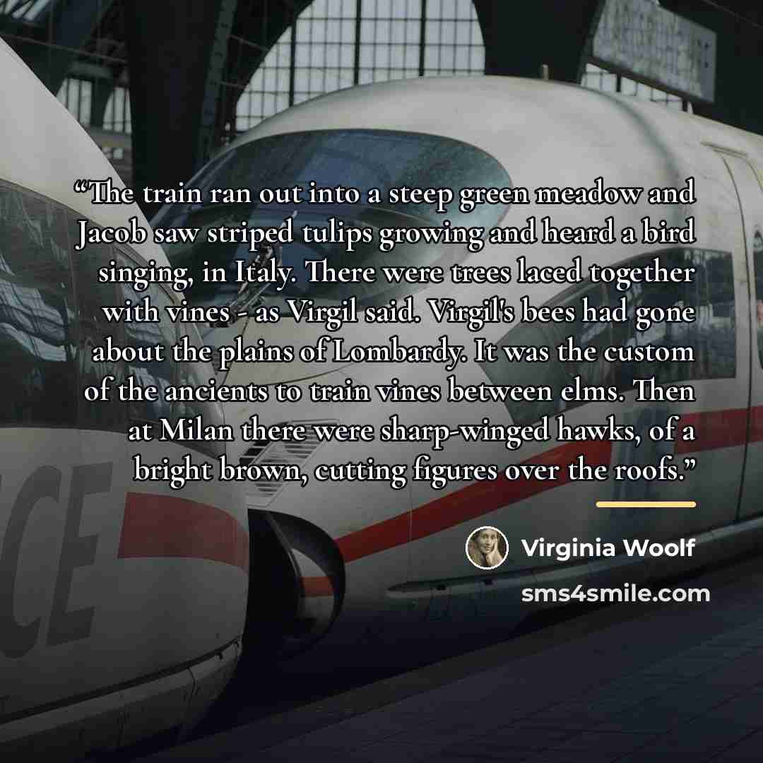 “The train ran out into a steep green meadow and Jacob saw striped tulips growing and heard a bird singing, in Italy. There were trees laced together with vines - as Virgil said. Virgil's bees had gone about the plains of Lombardy. It was the custom of the ancients to train vines between elms. Then…” quote by Virginia Woolf