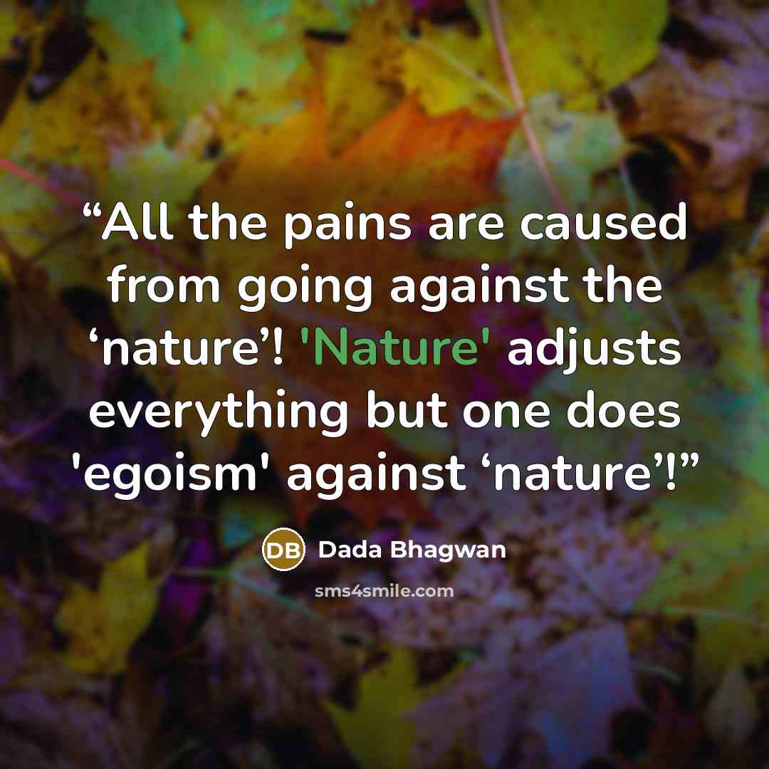 “All the pains are caused from going against the ‘nature’! 'Nature' adjusts everything but one does 'egoism' against ‘nature’!” quote by Dada Bhagwan