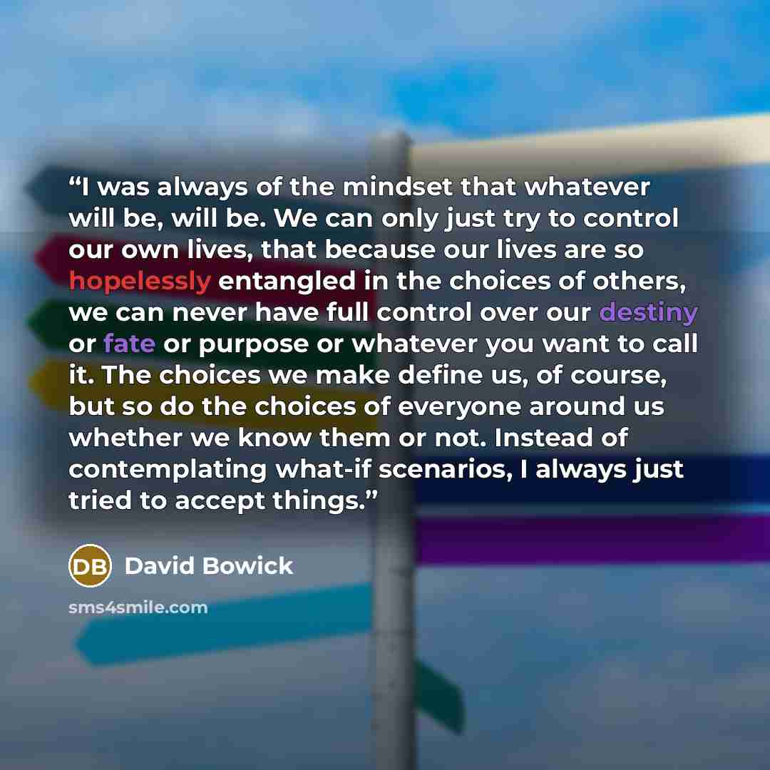 “I was always of the mindset that whatever will be, will be. We can only just try to control our own lives, that because our lives are so hopelessly entangled in the choices of others, we can never have full control over our destiny or fate or purpose or whatever you want to call it. The choices we…” quote by David Bowick