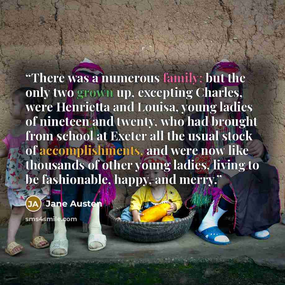 “There was a numerous family; but the only two grown up, excepting Charles, were Henrietta and Louisa, young ladies of nineteen and twenty, who had brought from school at Exeter all the usual stock of accomplishments, and were now like thousands of other young ladies, living to be fashionable…” quote by Jane Austen
