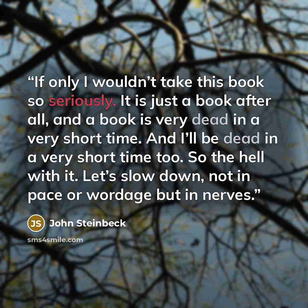 “If only I wouldn’t take this book so seriously. It is just a book after all, and a book is very dead in a very short time. And I’ll be dead in a very short time too. So the hell with it. Let’s slow down, not in pace or wordage but in nerves.” quote by John Steinbeck
