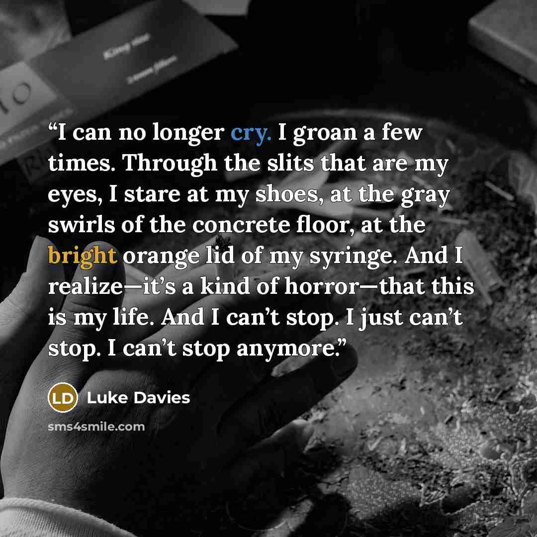 “I can no longer cry. I groan a few times. Through the slits that are my eyes, I stare at my shoes, at the gray swirls of the concrete floor, at the bright orange lid of my syringe. And I realize—it’s a kind of horror—that this is my life. And I can’t stop. I just can’t stop. I can’t stop anymore.” quote by Luke Davies