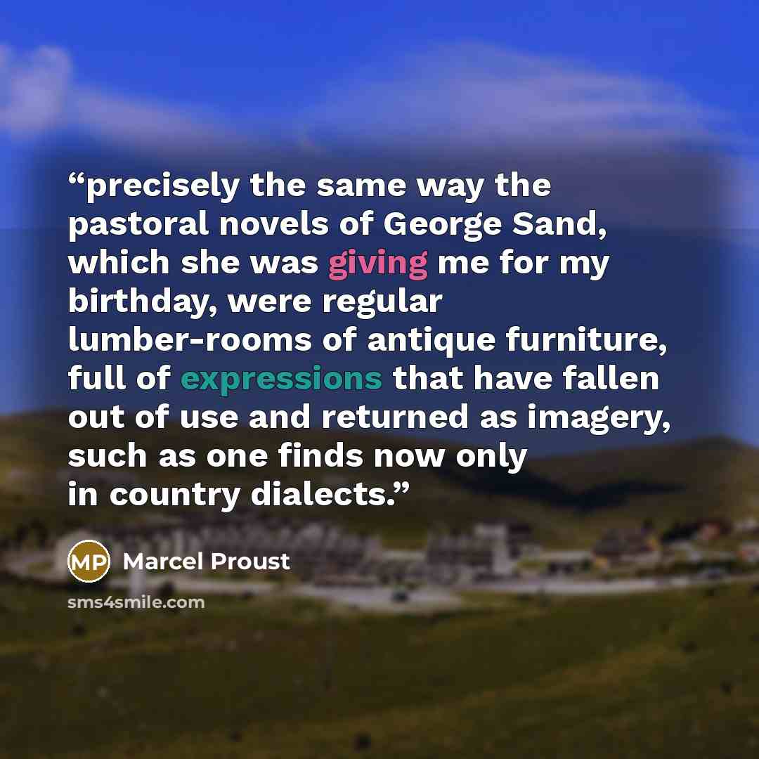 “precisely the same way the pastoral novels of George Sand, which she was giving me for my birthday, were regular lumber-rooms of antique furniture, full of expressions that have fallen out of use and returned as imagery, such as one finds now only in country dialects.” quote by Marcel Proust