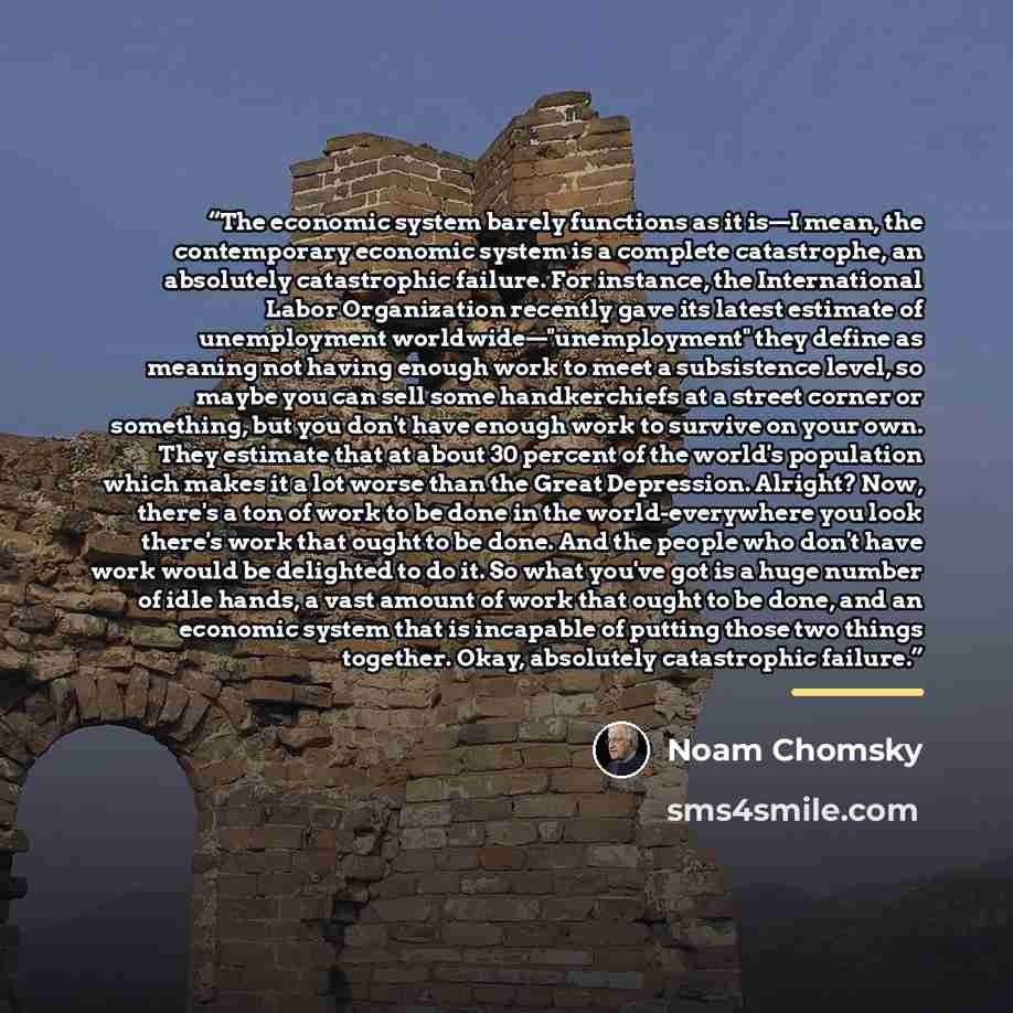 “The economic system barely functions as it is—I mean, the contemporary economic system is a complete catastrophe, an absolutely catastrophic failure. For instance, the International Labor Organization recently gave its latest estimate of unemployment worldwide—"unemployment" they define as meaning…” quote by Noam Chomsky