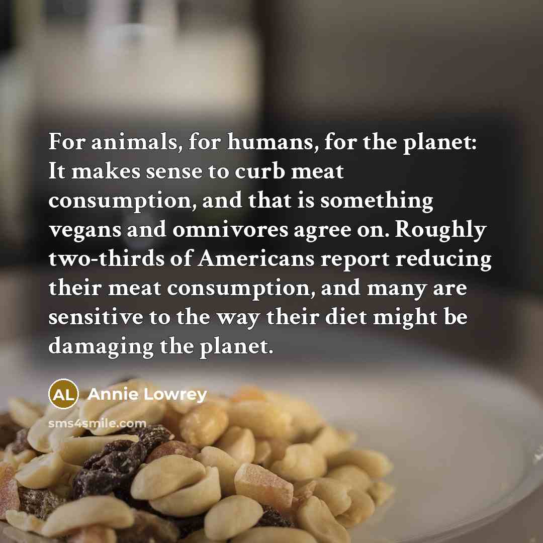 “For animals, for humans, for the planet: It makes sense to curb meat consumption, and that is something vegans and omnivores agree on. Roughly two-thirds of Americans report reducing their meat consumption, and many are sensitive to the way their diet might be damaging the planet.” quote by Annie Lowrey