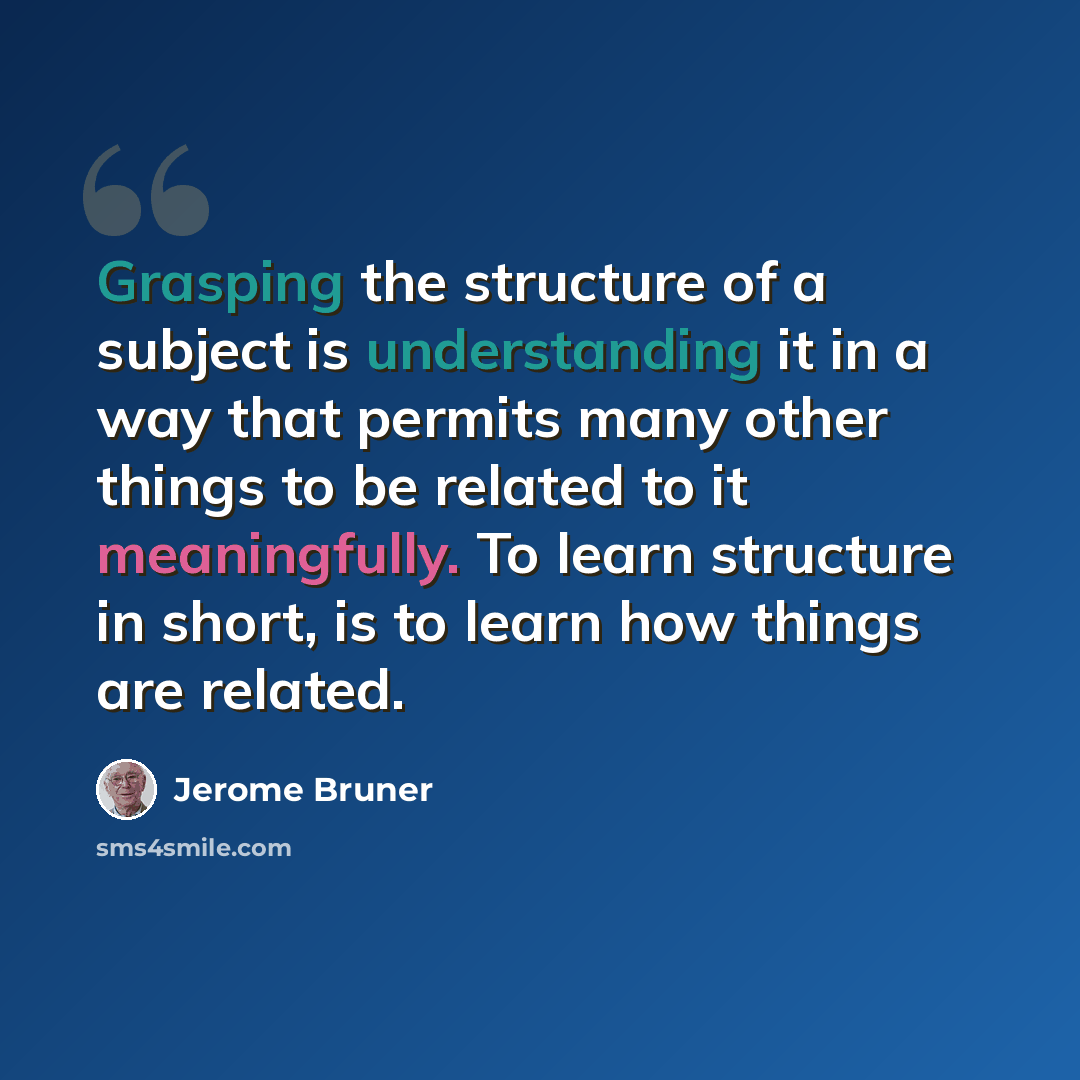 “Grasping the structure of a subject is understanding it in a way that permits many other things to be related to it meaningfully. To learn structure in short, is to learn how things are related.” quote by Jerome Bruner