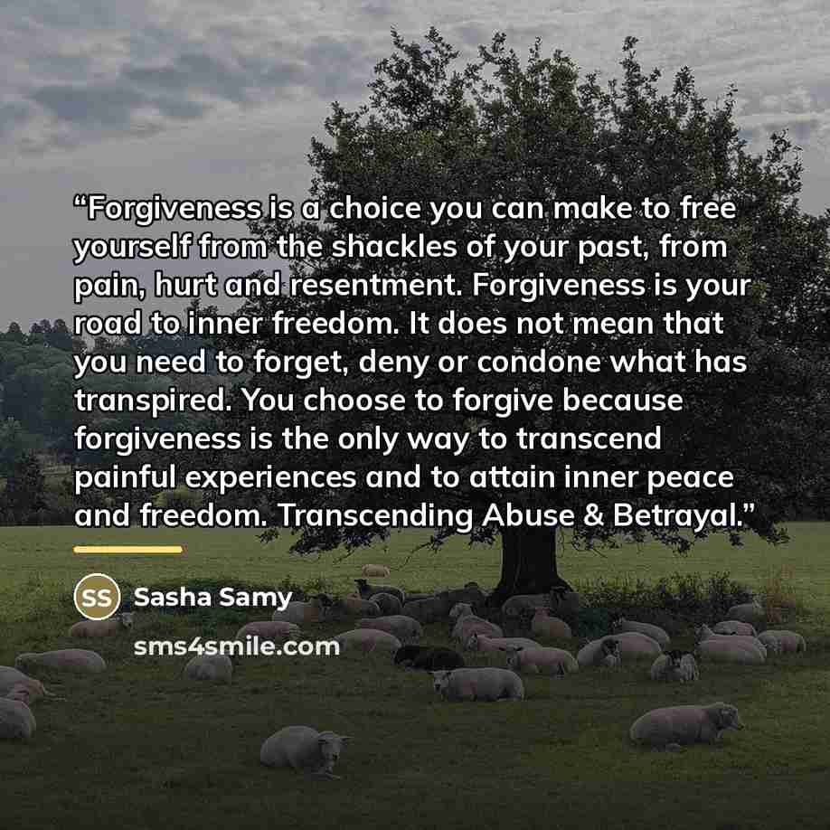 “Forgiveness is a choice you can make to free yourself from the shackles of your past, from pain, hurt and resentment. Forgiveness is your road to inner freedom. It does not mean that you need to forget, deny or condone what has transpired. You choose to forgive because forgiveness is the only way…” quote by Sasha Samy