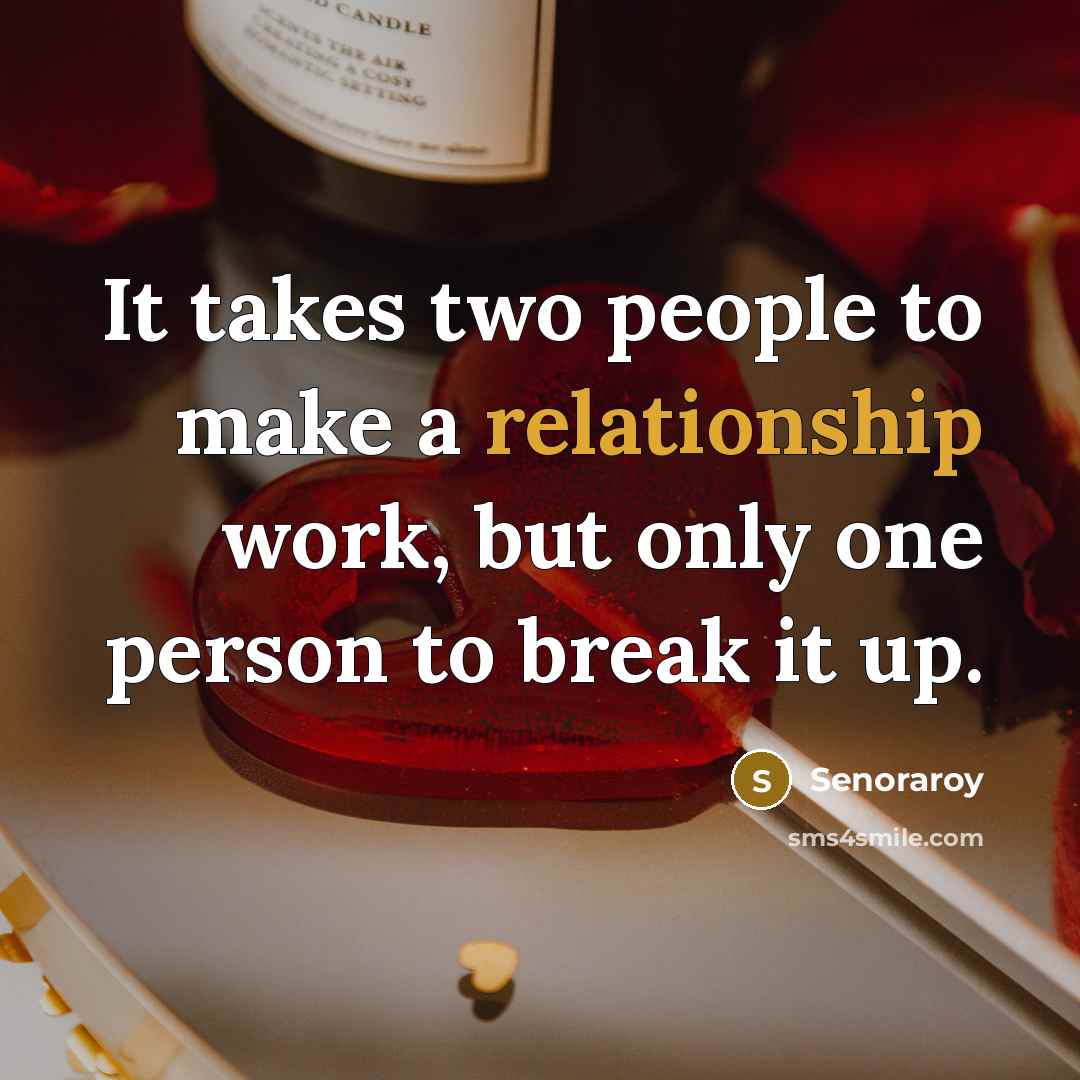 “It takes two people to make a relationship work, but only one person to break it up.” quote by Senoraroy