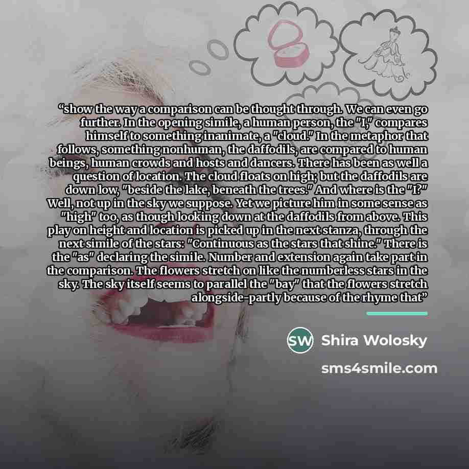 “show the way a comparison can be thought through. We can even go further. In the opening simile, a human person, the "I," compares himself to something inanimate, a "cloud." In the metaphor that follows, something nonhuman, the daffodils, are compared to human beings, human crowds and hosts and…” quote by Shira Wolosky