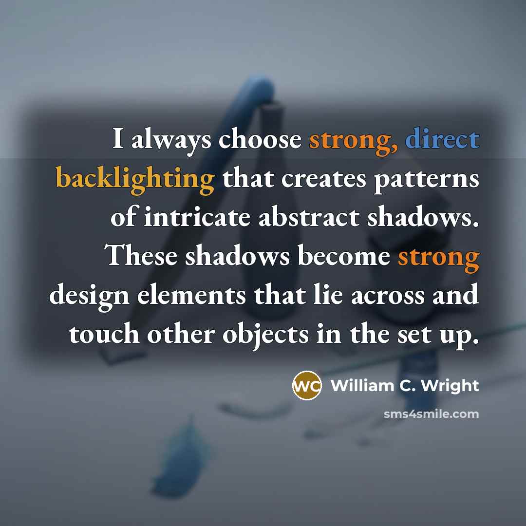 “I always choose strong, direct backlighting that creates patterns of intricate abstract shadows. These shadows become strong design elements that lie across and touch other objects in the set up.” quote by William C. Wright
