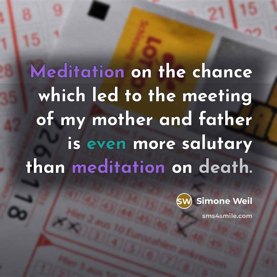 “Meditation on the chance which led to the meeting of my mother and father is even more salutary than meditation on death.” quote by Simone Weil