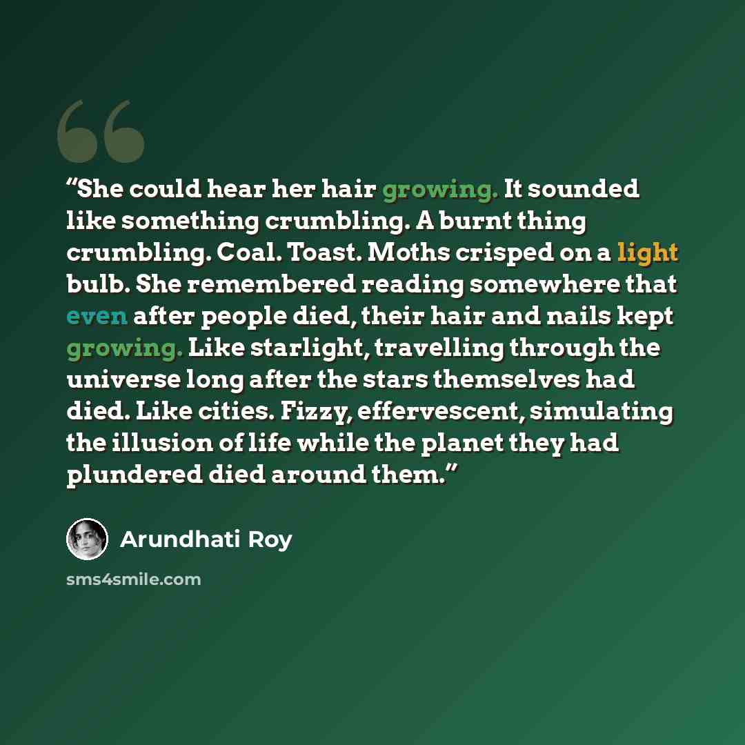 “She could hear her hair growing. It sounded like something crumbling. A burnt thing crumbling. Coal. Toast. Moths crisped on a light bulb. She remembered reading somewhere that even after people died, their hair and nails kept growing. Like starlight, travelling through the universe long after the…” quote by Arundhati Roy