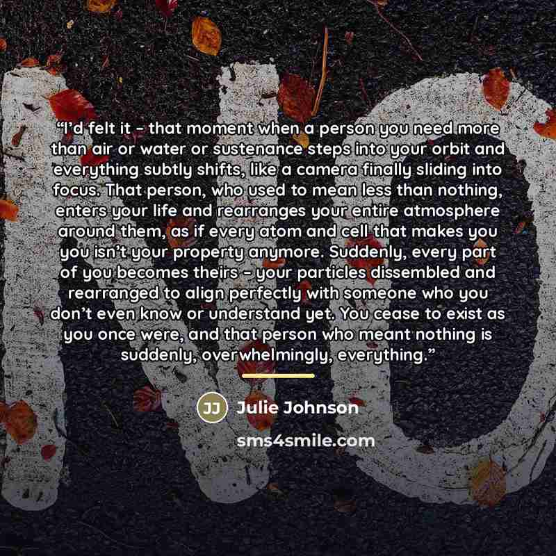 “I’d felt it – that moment when a person you need more than air or water or sustenance steps into your orbit and everything subtly shifts, like a camera finally sliding into focus. That person, who used to mean less than nothing, enters your life and rearranges your entire atmosphere around them…” quote by Julie Johnson