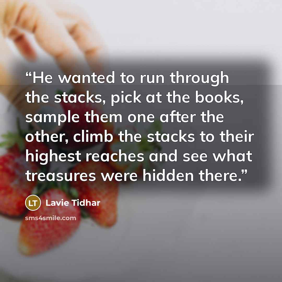 “He wanted to run through the stacks, pick at the books, sample them one after the other, climb the stacks to their highest reaches and see what treasures were hidden there.” quote by Lavie Tidhar