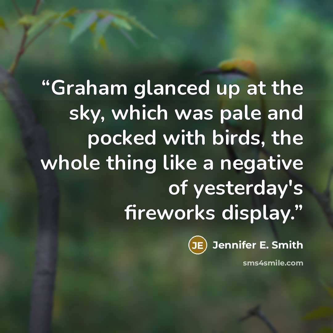 “Graham glanced up at the sky, which was pale and pocked with birds, the whole thing like a negative of yesterday's fireworks display.” quote by Jennifer E. Smith
