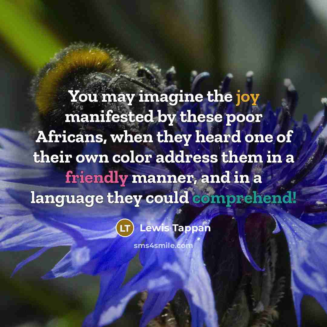 “You may imagine the joy manifested by these poor Africans, when they heard one of their own color address them in a friendly manner, and in a language they could comprehend!” quote by Lewis Tappan