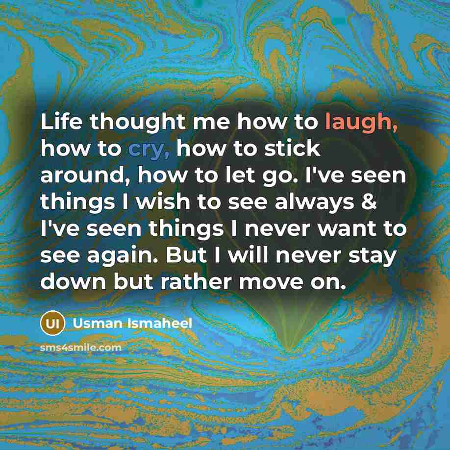 “Life thought me how to laugh, how to cry, how to stick around, how to let go. I've seen things I wish to see always & I've seen things I never want to see again. But I will never stay down but rather move on.” quote by Usman Ismaheel