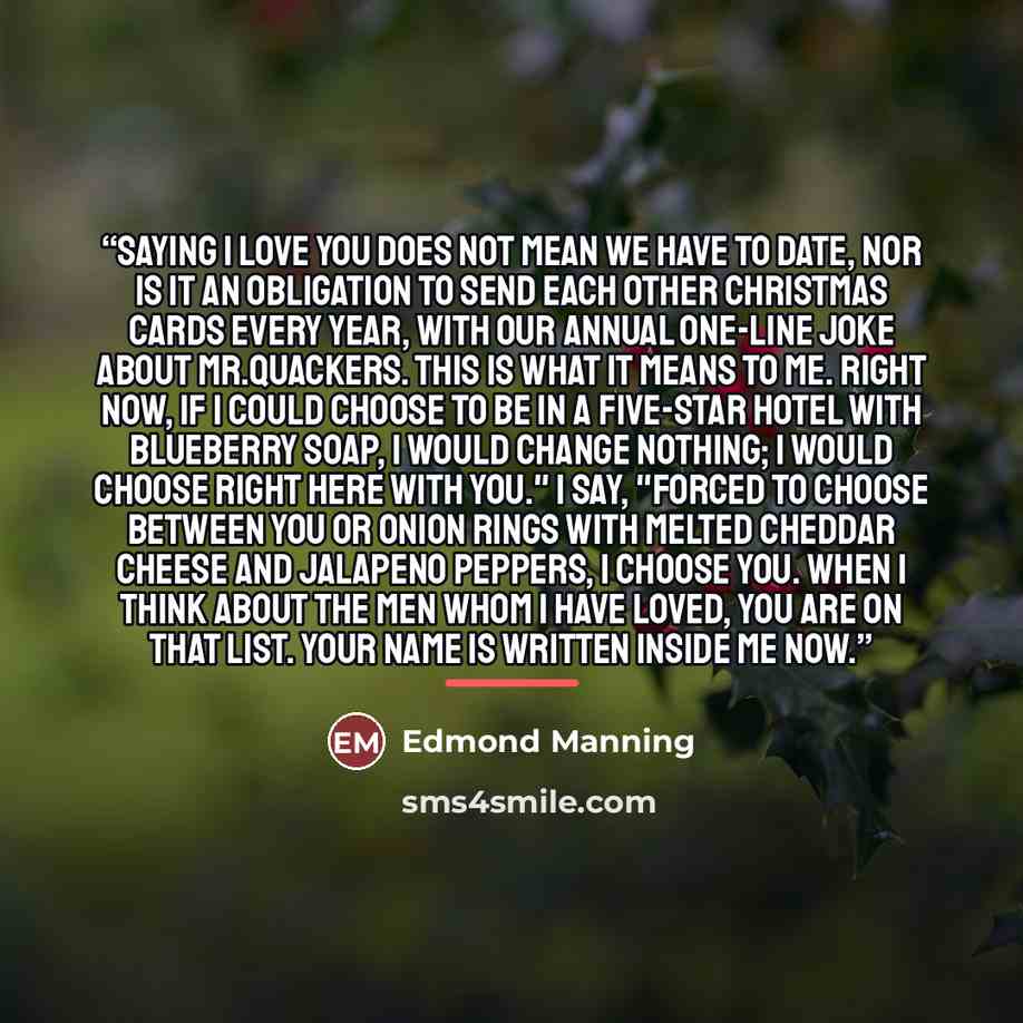 “Saying I love you does not mean we have to date, nor is it an obligation to send each other Christmas cards every year, with our annual one-line joke about Mr.Quackers. This is what it means to me. Right now, if I could choose to be in a five-star hotel with blueberry soap, I would change nothing…” quote by Edmond Manning