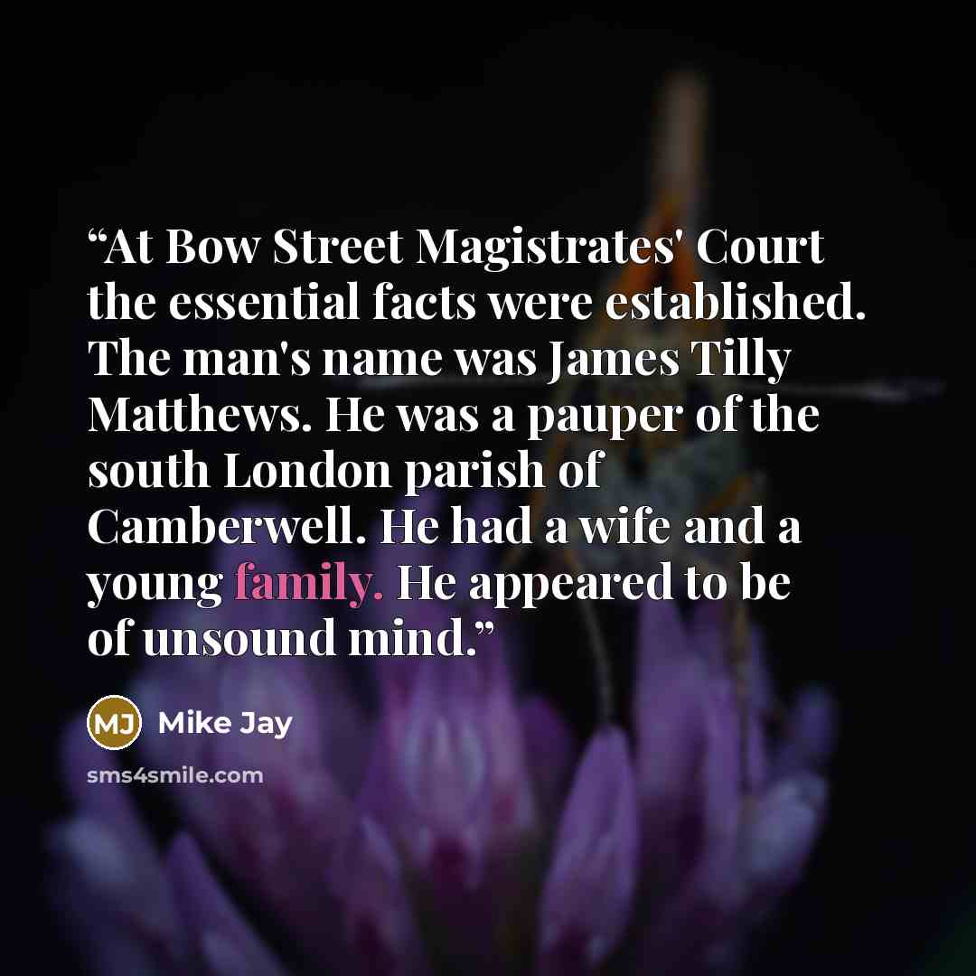“At Bow Street Magistrates' Court the essential facts were established. The man's name was James Tilly Matthews. He was a pauper of the south London parish of Camberwell. He had a wife and a young family. He appeared to be of unsound mind.” quote by Mike Jay