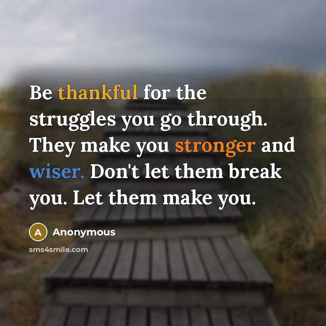 “Be thankful for the struggles you go through. They make you stronger and wiser. Don't let them break you. Let them make you.” quote by Anonymous