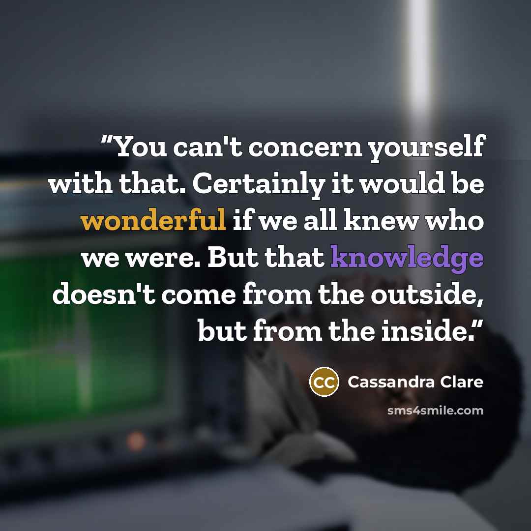 “You can't concern yourself with that. Certainly it would be wonderful if we all knew who we were. But that knowledge doesn't come from the outside, but from the inside.” quote by Cassandra Clare