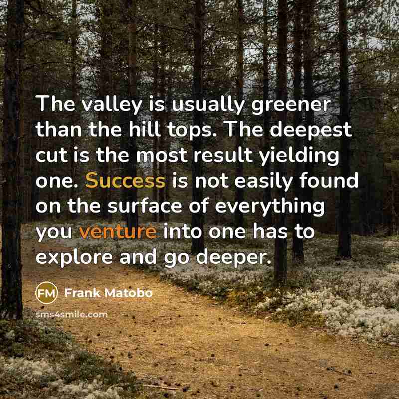 “The valley is usually greener than the hill tops. The deepest cut is the most result yielding one. Success is not easily found on the surface of everything you venture into one has to explore and go deeper.” quote by Frank Matobo